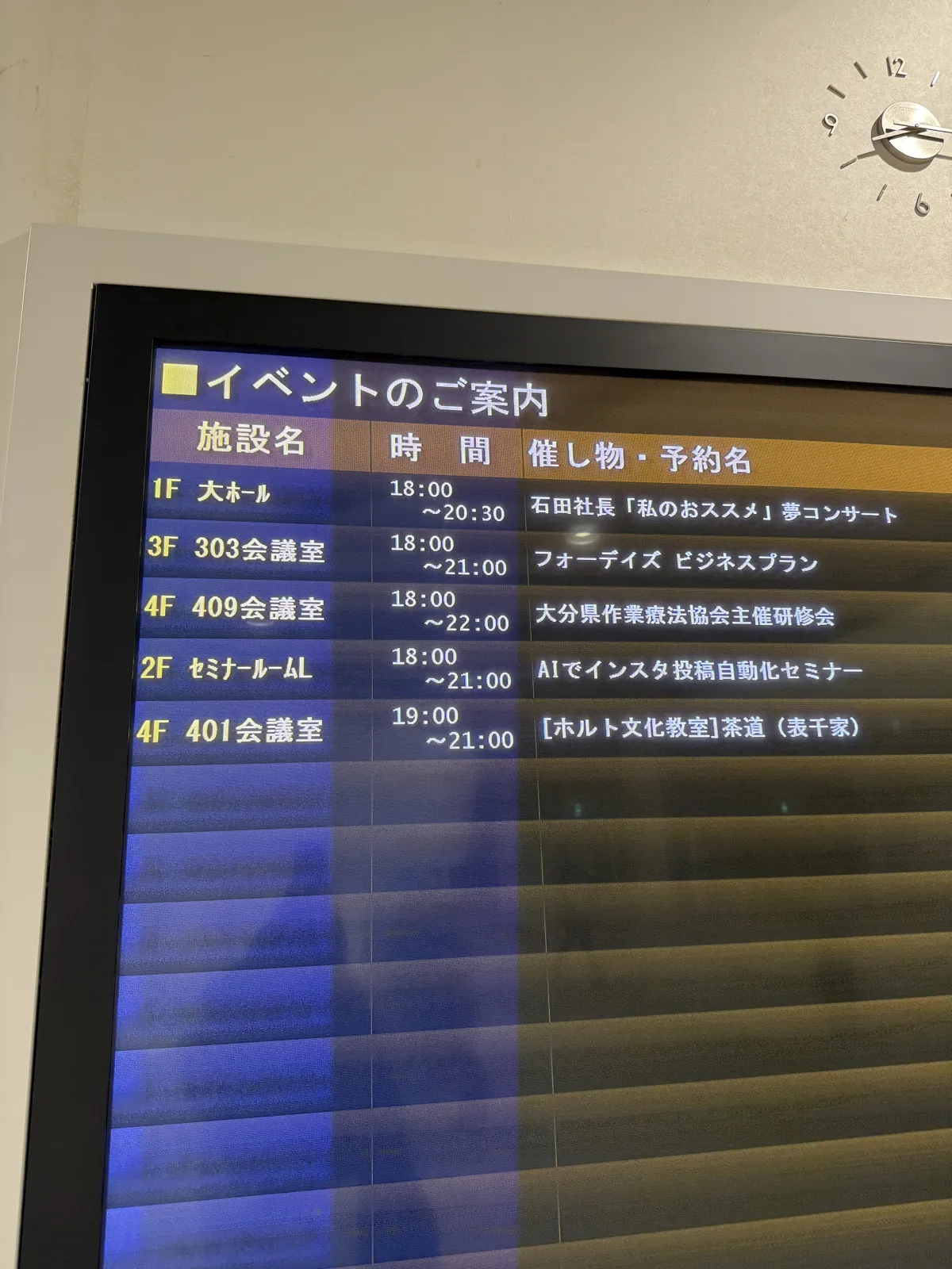 J:COMホルトホール大分の館内案内板。「2F セミナールームL AIでインスタ投稿自動化セミナー」と表示されています