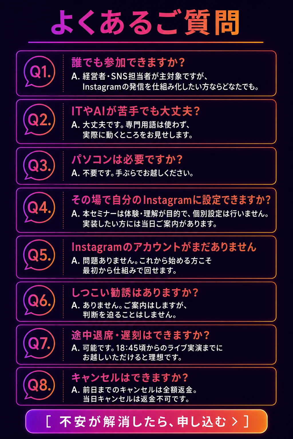 よくあるご質問8問（参加対象／IT苦手／PC不要／その場で設定できるか／アカウント未所持／勧誘なし／途中退席／キャンセル）