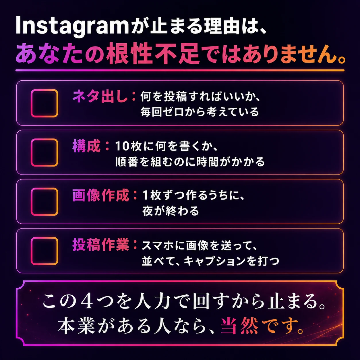 Instagramが止まる理由は根性不足ではない：ネタ出し・構成・画像作成・投稿作業の4つを人力で回すから止まる