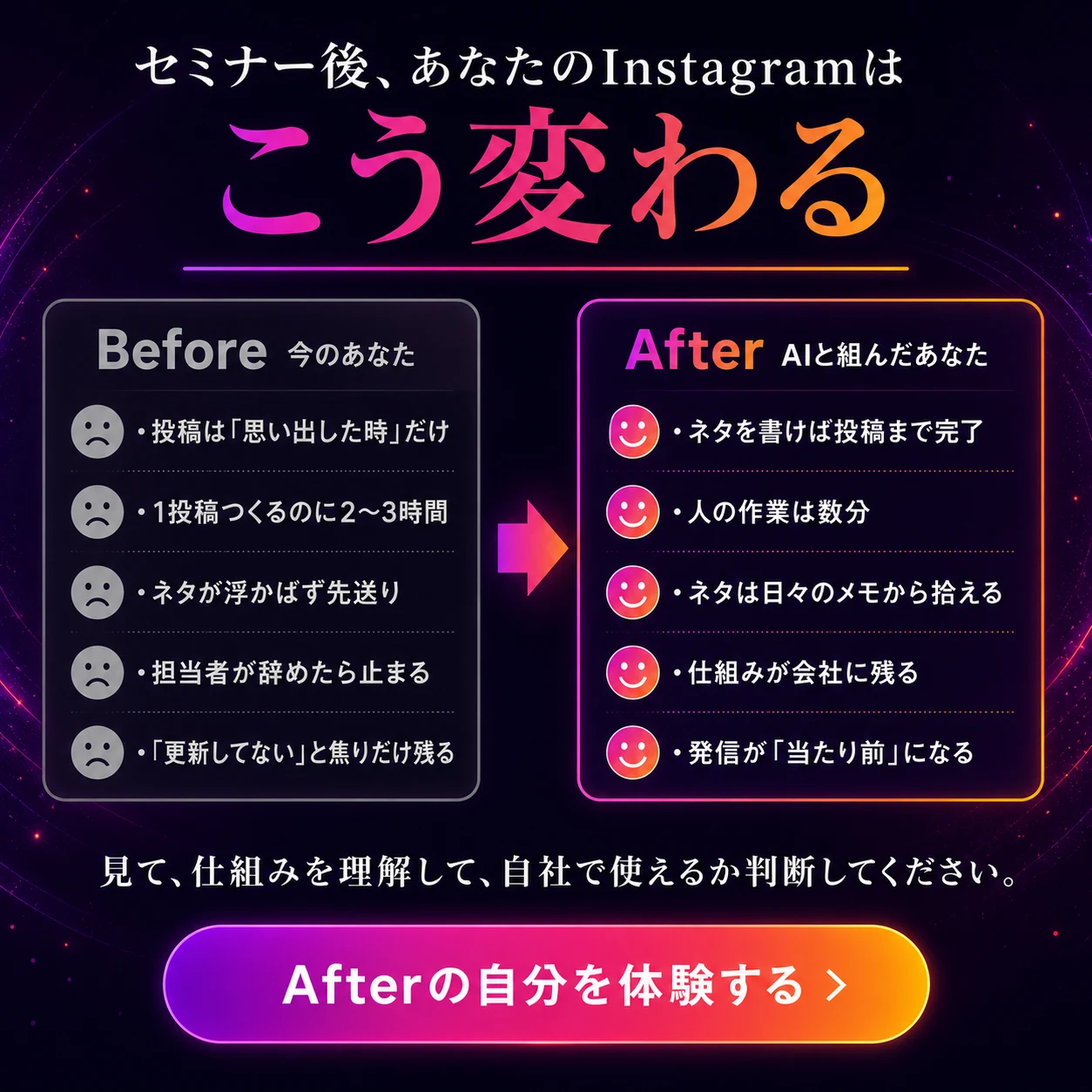 セミナー後、あなたのInstagramはこう変わる（Before/After 5項目）