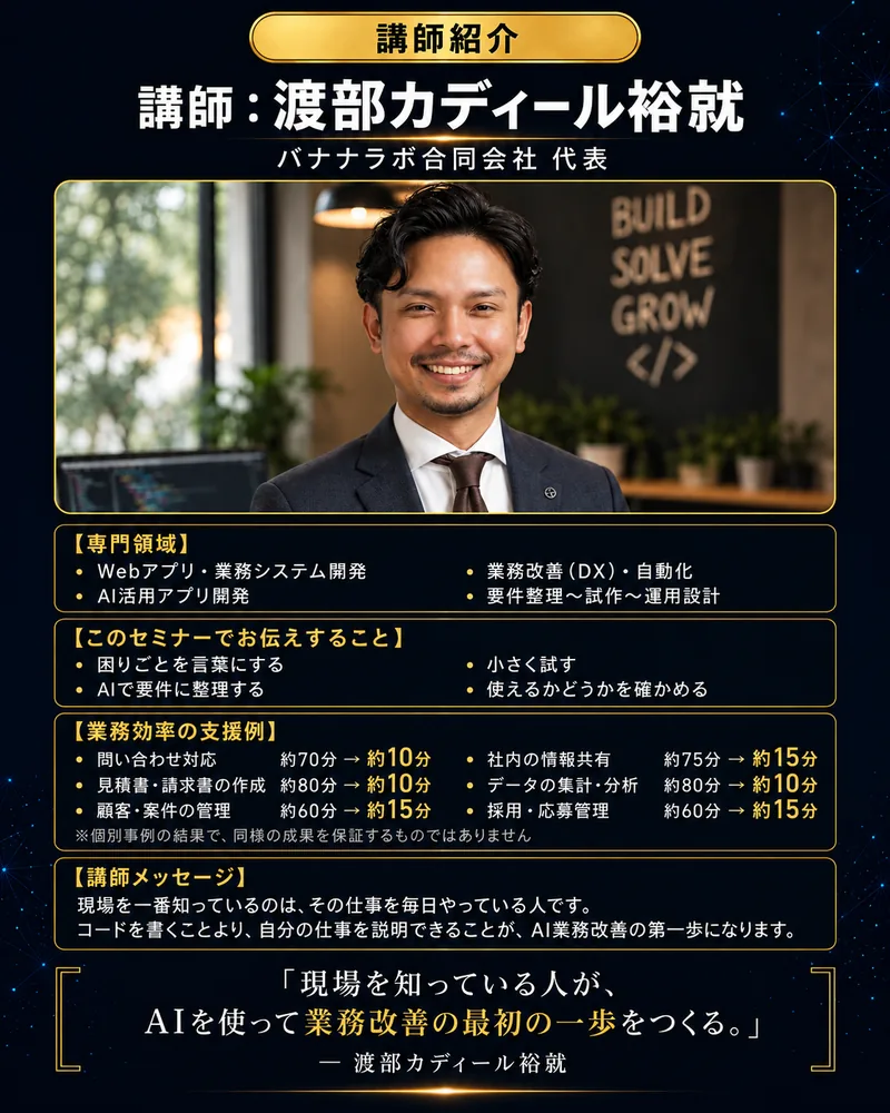 講師:渡部カディール裕就、おおいたAIスクール 講師。Webアプリ・業務システム開発、AI活用アプリ開発、業務改善・自動化、要件整理から試作・運用設計。困りごとを言葉にし、小さく試して、使えるか確かめる。